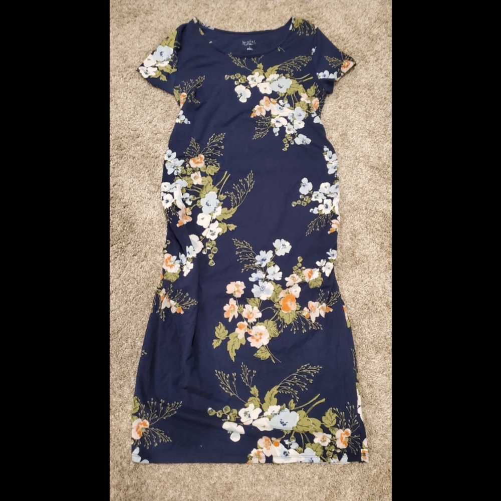 Women's Isabel Maternity Dress Size L Stretchy Floral Knee Midi Summer Navy Blue